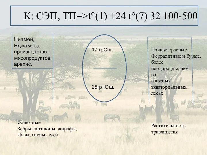 Животные Зебры, антилопы, жирафы, Львы, гиены, змеи, Растительность травянистая К: СЭП,