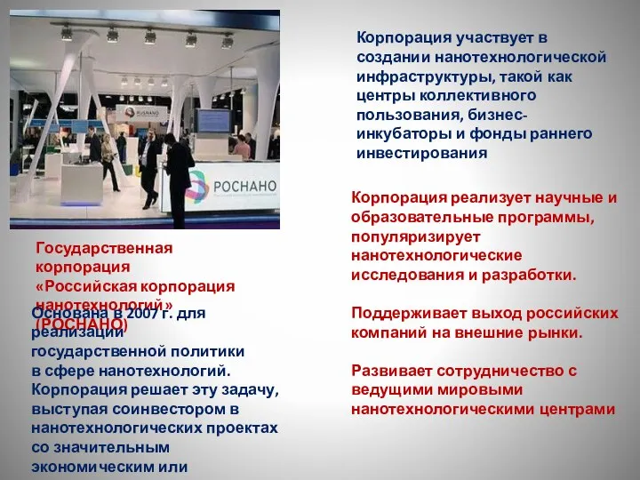 Государственная корпорация «Российская корпорация нанотехнологий» (РОСНАНО) Корпорация участвует в создании нанотехнологической