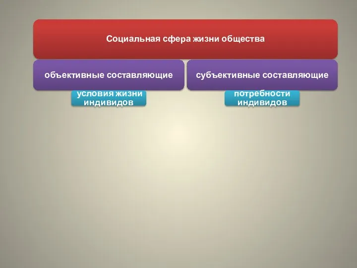 Социальная сфера жизни общества объективные составляющие условия жизни индивидов субъективные составляющие потребности индивидов