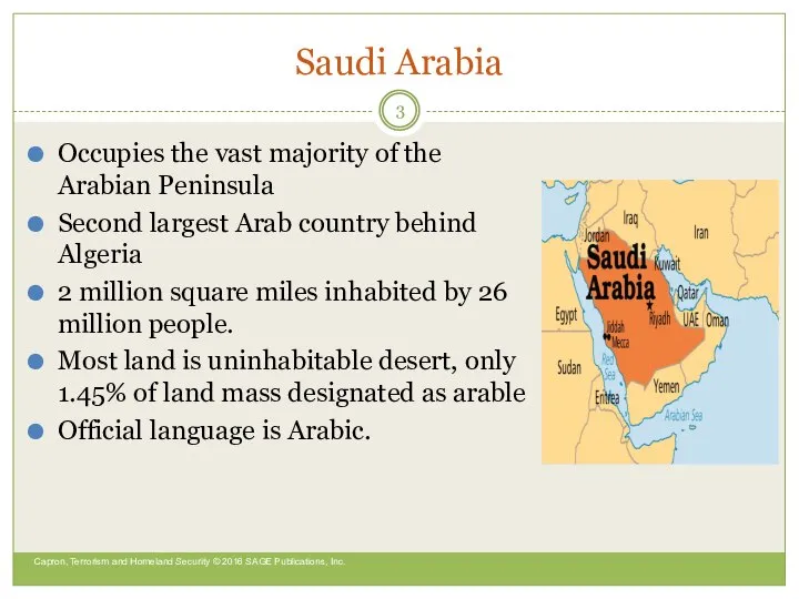 Saudi Arabia Occupies the vast majority of the Arabian Peninsula Second