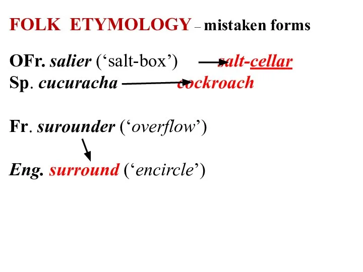 FOLK ETYMOLOGY – mistaken forms OFr. salier (‘salt-box’) salt-cellar Sp. cucuracha