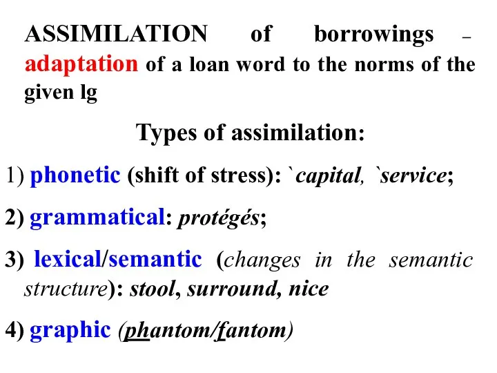 ASSIMILATION of borrowings – adaptation of a loan word to the