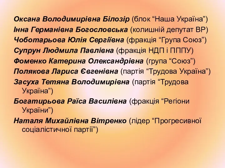 Оксана Володимирівна Білозір (блок “Наша Україна”) Інна Германівна Богословська (колишній депутат