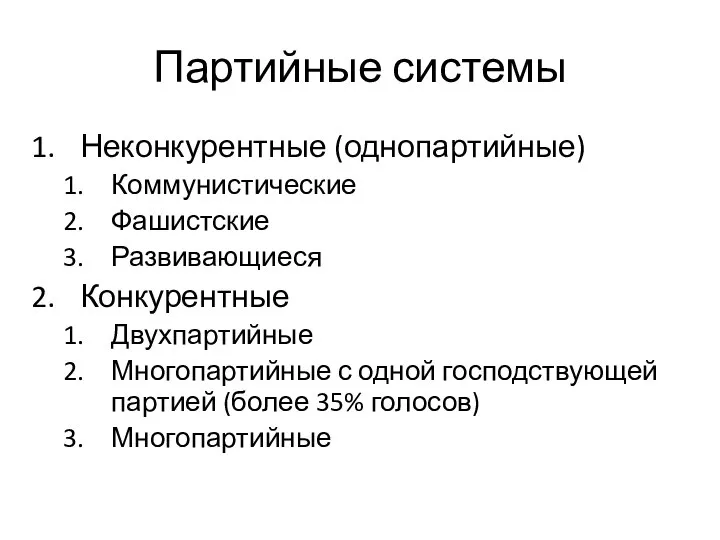 Партийные системы Неконкурентные (однопартийные) Коммунистические Фашистские Развивающиеся Конкурентные Двухпартийные Многопартийные с