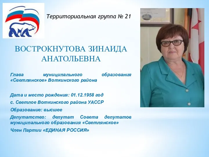 ВОСТРОКНУТОВА ЗИНАИДА АНАТОЛЬЕВНА Глава муниципального образования «Светлянское» Воткинского района Дата и