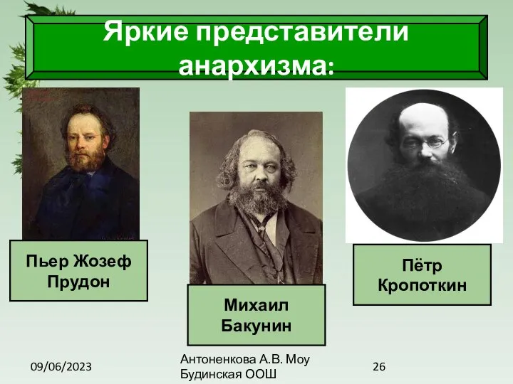 09/06/2023 Антоненкова А.В. Моу Будинская ООШ Яркие представители анархизма: Пьер Жозеф Прудон Михаил Бакунин Пётр Кропоткин