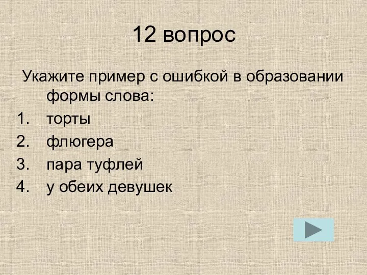 12 вопрос Укажите пример с ошибкой в образовании формы слова: торты