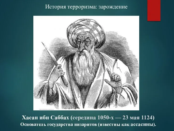 История терроризма: зарождение Хасан ибн Саббах (середина 1050-х — 23 мая