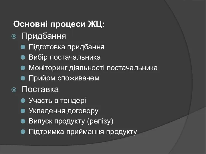 Основні процеси ЖЦ: Придбання Підготовка придбання Вибір постачальника Моніторинг діяльності постачальника