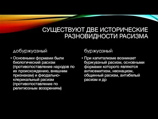 СУЩЕСТВУЮТ ДВЕ ИСТОРИЧЕСКИЕ РАЗНОВИДНОСТИ РАСИЗМА добуржуазный Основными формами были биологический расизм