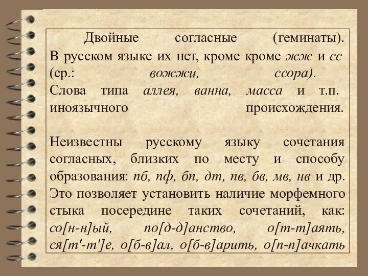 Двойные согласные (геминаты). В русском языке их нет, кроме кроме жж