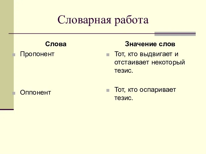 Словарная работа Слова Значение слов Пропонент Оппонент Тот, кто выдвигает и