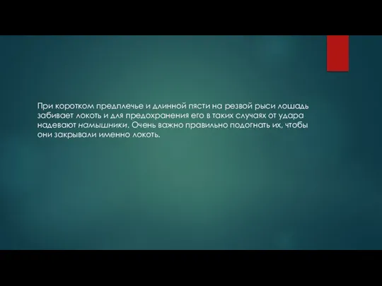 При коротком предплечье и длинной пясти на резвой рыси лошадь забивает