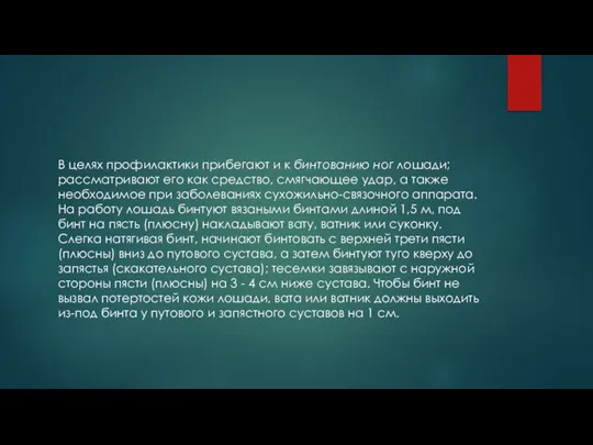 В целях профилактики прибегают и к бинтованию ног лошади; рассматривают его