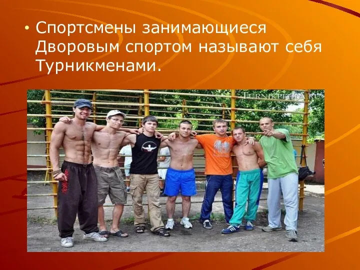 Спортсмены занимающиеся Дворовым спортом называют себя Турникменами.