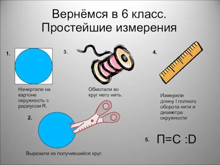 Вернёмся в 6 класс. Простейшие измерения П=С :D 1. 2. 3.