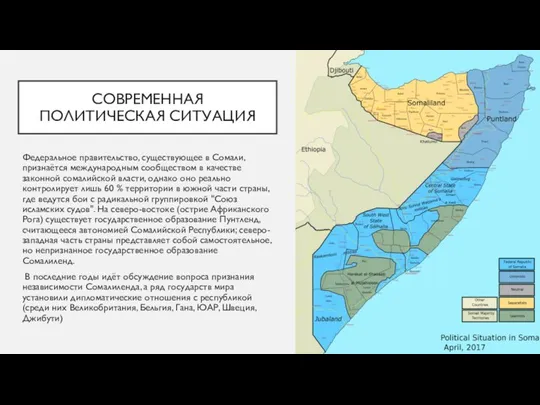 СОВРЕМЕННАЯ ПОЛИТИЧЕСКАЯ СИТУАЦИЯ Федеральное правительство, существующее в Сомали, признаётся международным сообществом