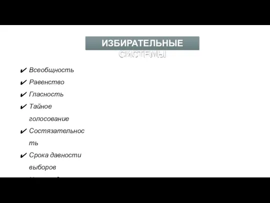 ИЗБИРАТЕЛЬНЫЕ СИСТЕМЫ ПРИНЦИПЫ ИЗБИРАТЕЛЬНОГО ПРАВА: Всеобщность Равенство Гласность Тайное голосование Состязательность