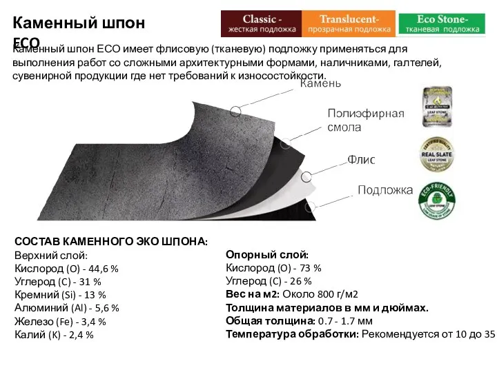 Каменный шпон ECO Каменный шпон ЕСО имеет флисовую (тканевую) подложку применяться