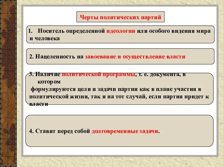 Черты политических партий Носитель определенной идеологии или особого видения мира и