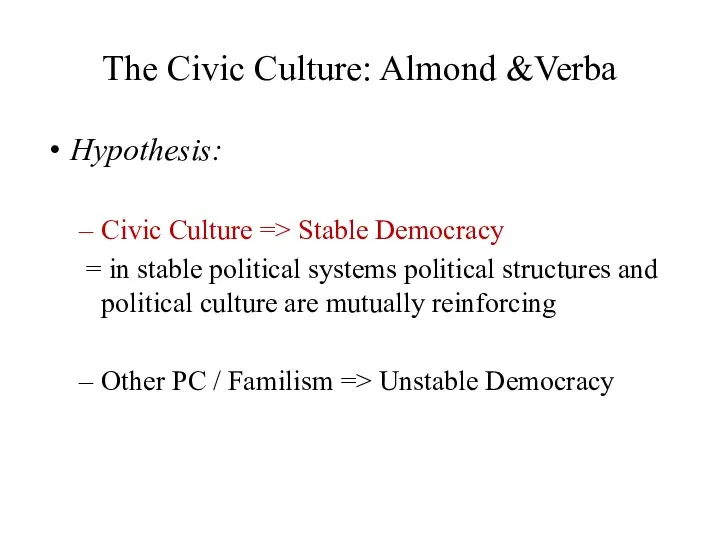 The Civic Culture: Almond &Verba Hypothesis: Civic Culture => Stable Democracy