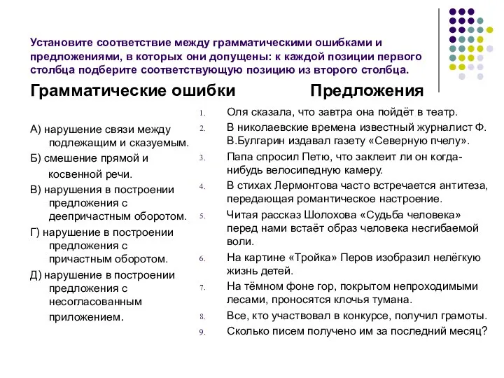 Установите соответствие между грамматическими ошибками и предложениями, в которых они допущены: