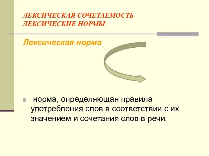 ЛЕКСИЧЕСКАЯ СОЧЕТАЕМОСТЬ ЛЕКСИЧЕСКИЕ НОРМЫ Лексическая норма норма, определяющая правила употребления слов