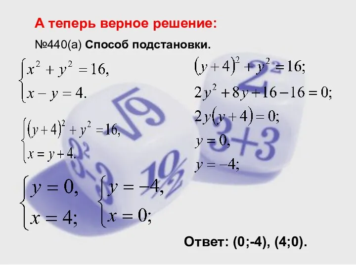 А теперь верное решение: №440(а) Способ подстановки. Ответ: (0;-4), (4;0).