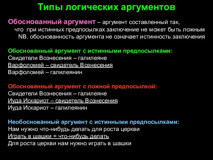 Типы логических аргументов Обоснованный аргумент – аргумент составленный так, что при