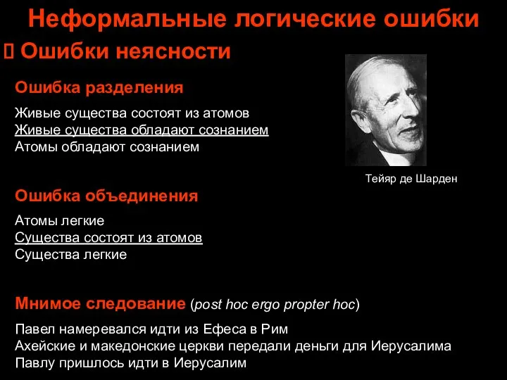 Неформальные логические ошибки Ошибки неясности Ошибка разделения Живые существа состоят из