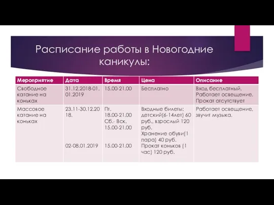 Расписание работы в Новогодние каникулы: