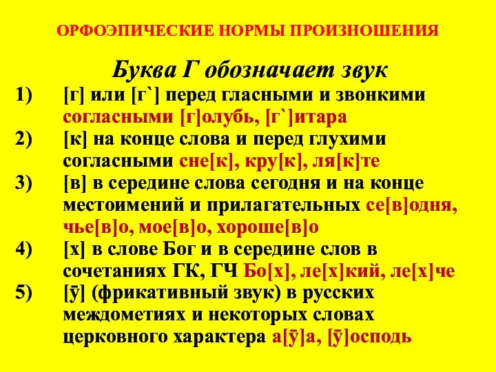 ОРФОЭПИЧЕСКИЕ НОРМЫ ПРОИЗНОШЕНИЯ Буква Г обозначает звук [г] или [г`] перед