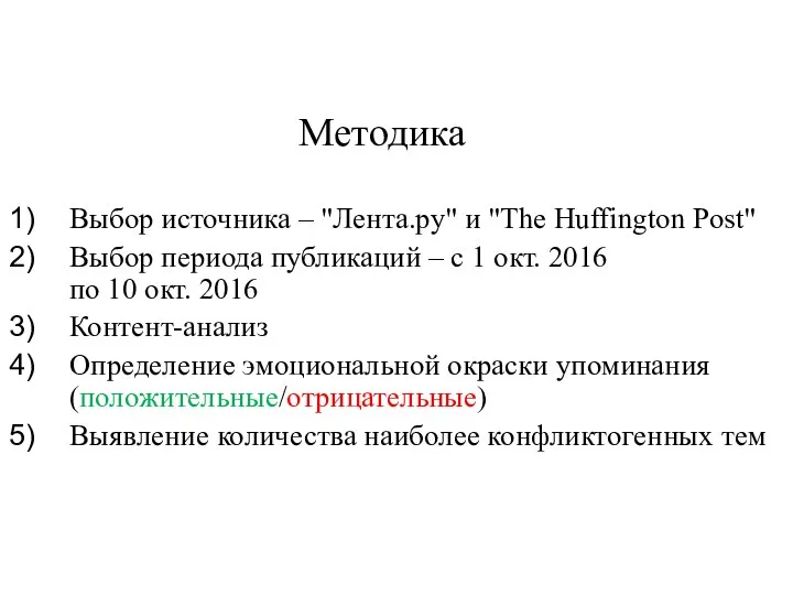 Методика Выбор источника – "Лента.ру" и "The Huffington Post" Выбор периода