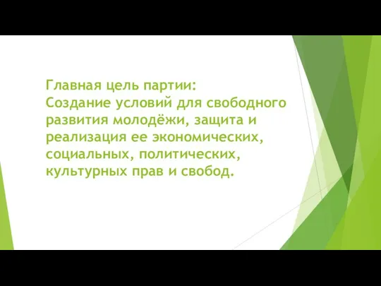 Главная цель партии: Создание условий для свободного развития молодёжи, защита и