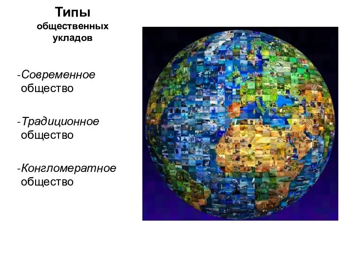 Типы общественных укладов Современное общество Традиционное общество Конгломератное общество