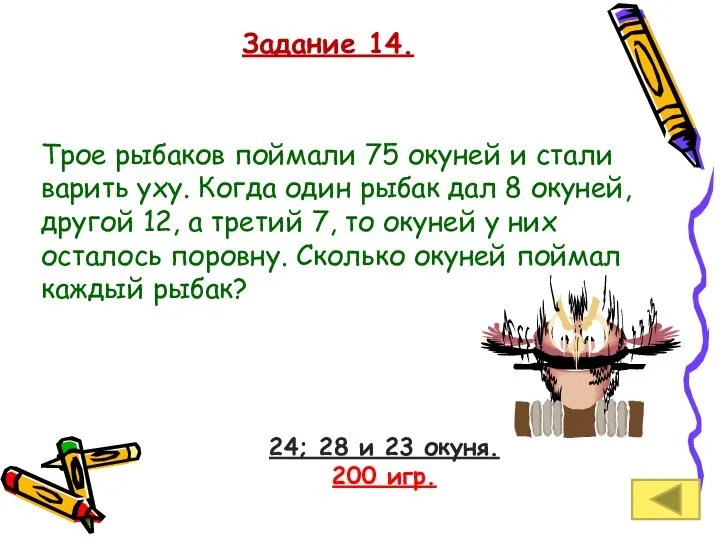 Задание 14. 24; 28 и 23 окуня. 200 игр. Трое рыбаков