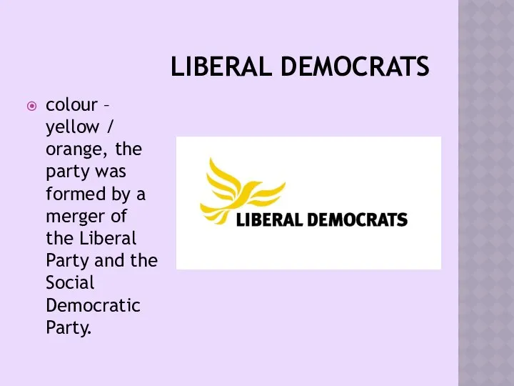 LIBERAL DEMOCRATS colour – yellow / orange, the party was formed