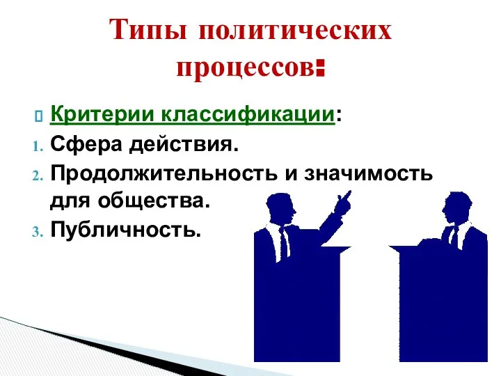 Критерии классификации: Сфера действия. Продолжительность и значимость для общества. Публичность. Типы политических процессов: