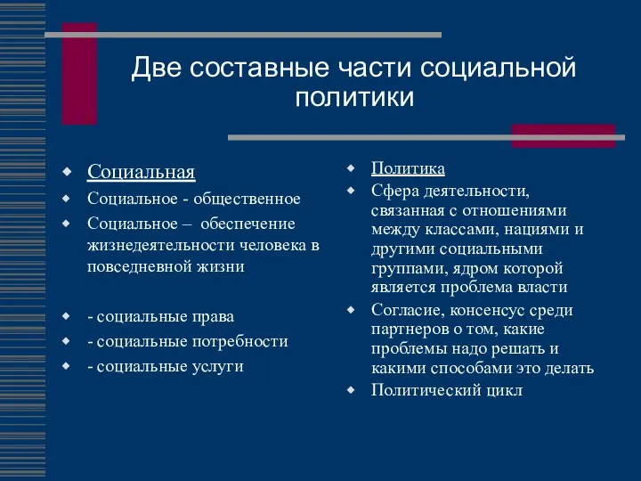 Две составные части социальной политики Социальная Социальное - общественное Социальное –