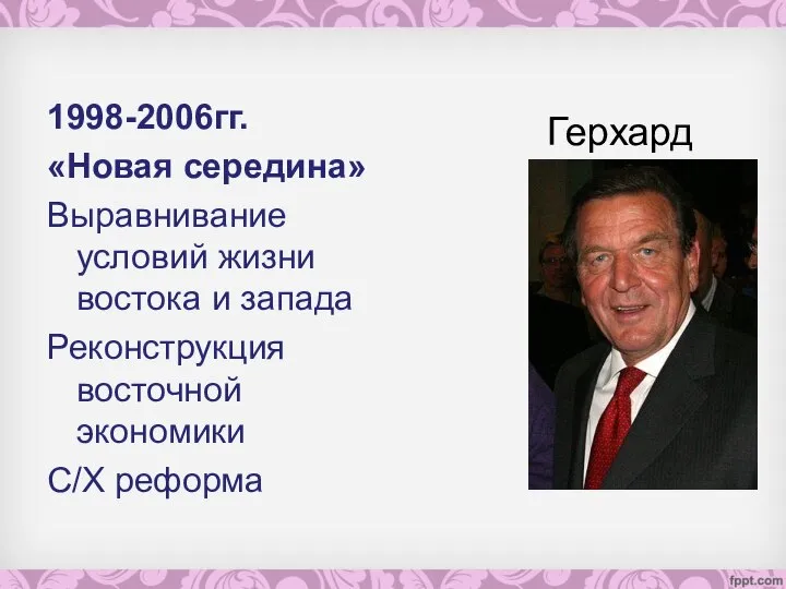 1998-2006гг. «Новая середина» Выравнивание условий жизни востока и запада Реконструкция восточной экономики С/Х реформа Герхард Шрёдер