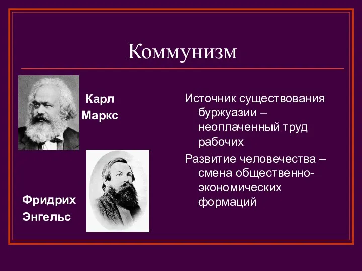 Коммунизм Карл Маркс Фридрих Энгельс Источник существования буржуазии – неоплаченный труд