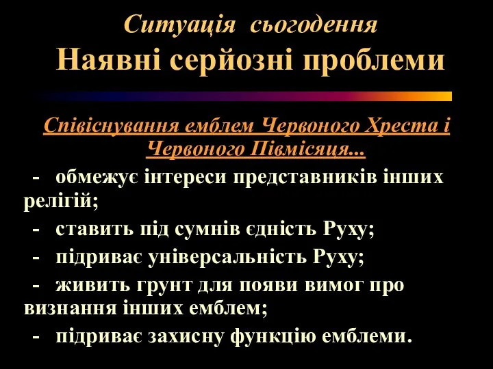 Ситуація сьогодення Наявні серйозні проблеми Співіснування емблем Червоного Хреста і Червоного