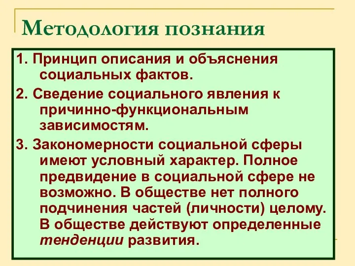 Методология познания 1. Принцип описания и объяснения социальных фактов. 2. Сведение