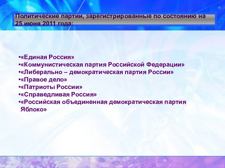 Политические партии, зарегистрированные по состоянию на 25 июня 2011 года: «Единая