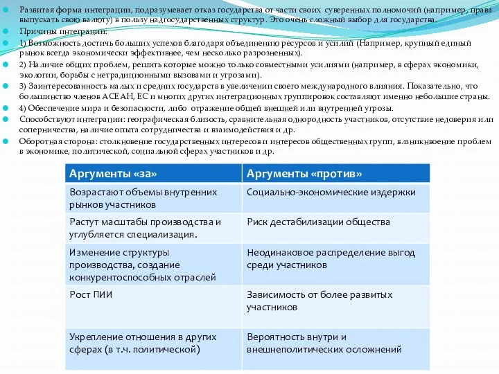 Развитая форма интеграции, подразумевает отказ государства от части своих суверенных полномочий