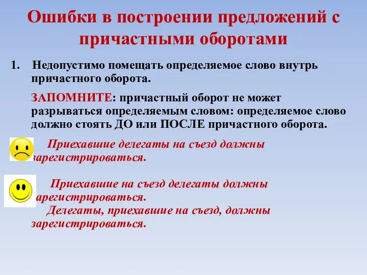 Ошибки в построении предложений с причастными оборотами 1. Недопустимо помещать определяемое