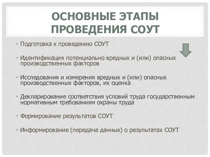 ОСНОВНЫЕ ЭТАПЫ ПРОВЕДЕНИЯ СОУТ Подготовка к проведению СОУТ Идентификация потенциально вредных