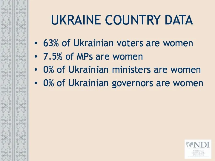 UKRAINE COUNTRY DATA 63% of Ukrainian voters are women 7.5% of