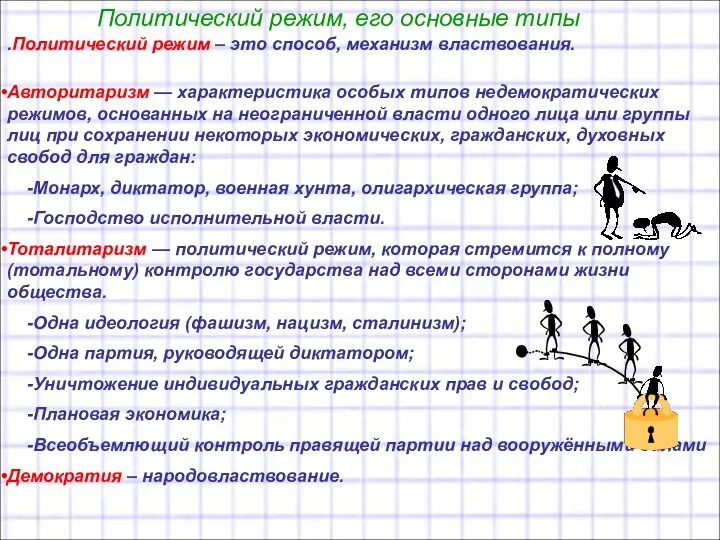 Политический режим, его основные типы .Политический режим – это способ, механизм