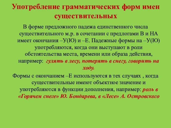 Употребление грамматических форм имен существительных В форме предложного падежа единственного числа